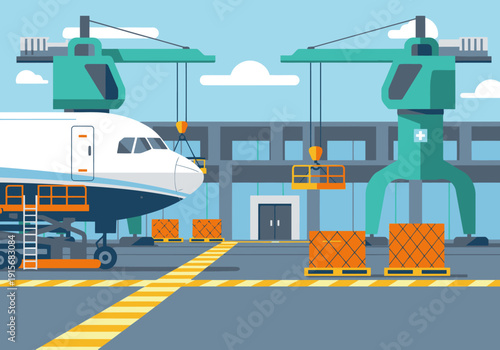 A vibrant illustration depicts an airport cargo terminal with a freighter being loaded. Industrial setting, modern design, and clear composition for commercial use.