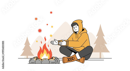 Cozy Camper Warming Hands By Crackling Campfire In Autumnal Outdoors Scene
