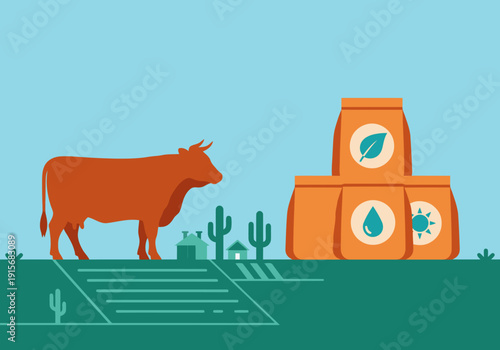 A vibrant illustration showcases sustainable feed additive benefiting a cow in a rural landscape.  Bright orange bags highlight the eco-friendly product.  Ideal for agricultural marketing.