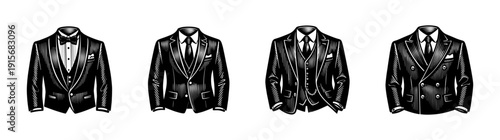 Formal suit designs flat vector icons set: vintage, classic, tuxedo, blazer illustrations