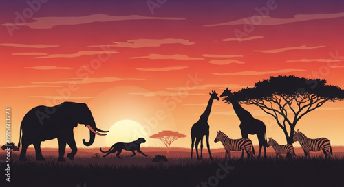 Safari animals silhouettes at vibrant orange african sunset with trees
