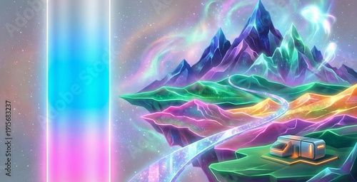 A futuristic transport module sits on a neon-lit alien world with crystal mountains.