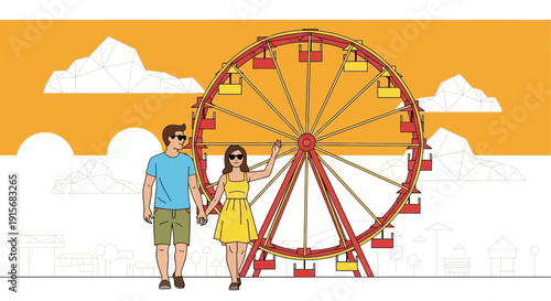 Couple Strolling Near A Ferris Wheel On A Sunny Day, Minimalist Style Illustration