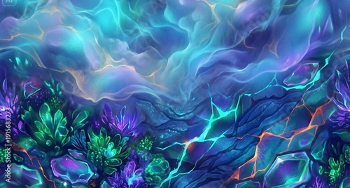 Ethereal alien landscape with glowing flora and crystalline formations