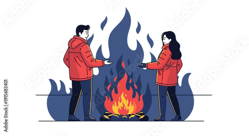 Couple Warming Hands Near Cozy Fireplace Scene For Winter Comfort