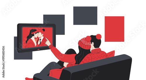 Couple Watching Romantic Show On TV, Embracing, Enjoying A Cozy Winter Evening Together