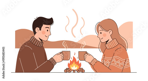 Cozy Couple Enjoying Warm Drinks Beside A Crackling Campfire Illustration