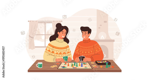 Cozy Couple Enjoys Board Game Night Indoors by Fireplace