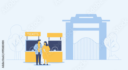 Couples Purchasing Tickets At An Amusement Park Entrance