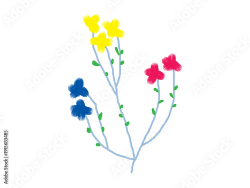 Vibrant flowers in bloom on a single stem with green leaves