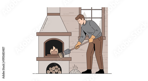 Cozy Hearth Maintenance A Man Cleans His Fireplace Preparing For Winter Comfort