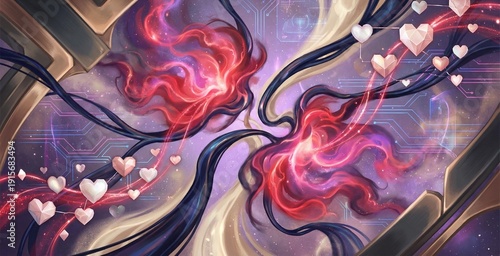 Abstract cosmic energy streams swirl amidst digital hearts and circuits