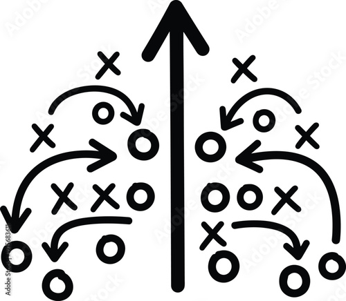 Football play diagram showing offensive and defensive strategies on a gridiron field isolated on transparent background, Vector