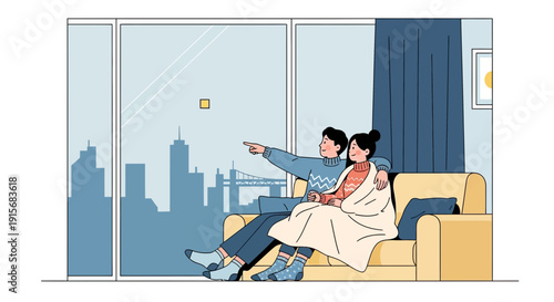 Cozy Couple Watching Cityscape Through Large Window Warmly Snuggled Under Blanket