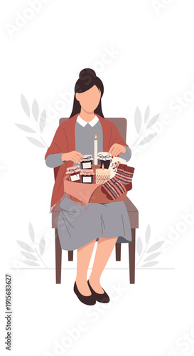 Cozy Knitting Session Of A Woman Creating Warm Socks And Candles