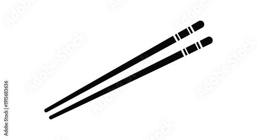 A simple black and white illustration depicts a pair of traditional asian chopsticks laying parallel high quality professional