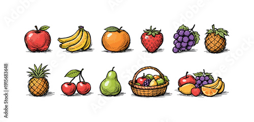 Fruit, vegetables outline icon set. Fresh produce line icons for healthy eating