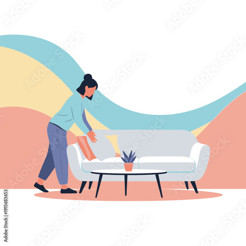 Cozy Living Room Setup With Woman Arranging Sofa Cushions