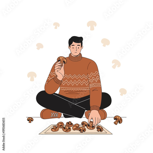 Cozy Man Enjoying Autumn Harvest Of Fresh Mushrooms Indoors