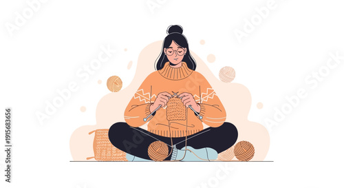 Cozy Creative Crafting Session Woman Knitting Warmly Indoors