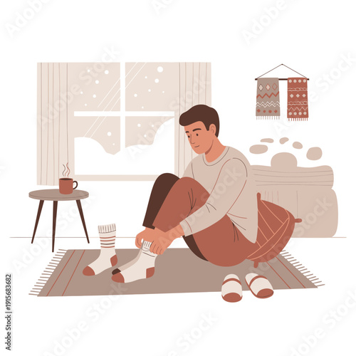 Cozy Man Getting Ready Indoors On A Snowy Day With Warm Drink