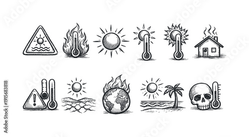 Climate change doodle icon set. Environment, global warming in sketch style.