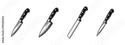 Flat vector icons set: kitchen knives collection, cutlery tools & chef essentials