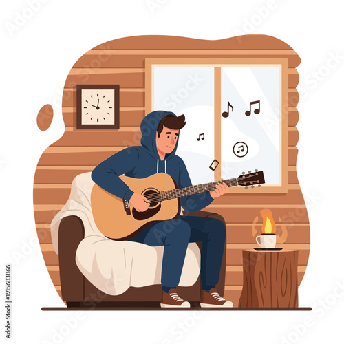 Cozy Evening Serenade Young Man Playing Guitar Indoors Warm Ambiance