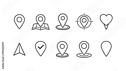 Navigation map pin outline icon set. Wayfinding, location symbols linear collection
