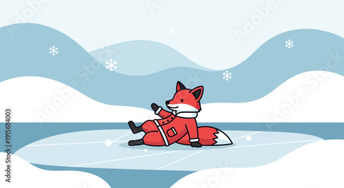 Cozy Fox Enjoys Winter Wonderland Scene Relaxing on Icy Surface