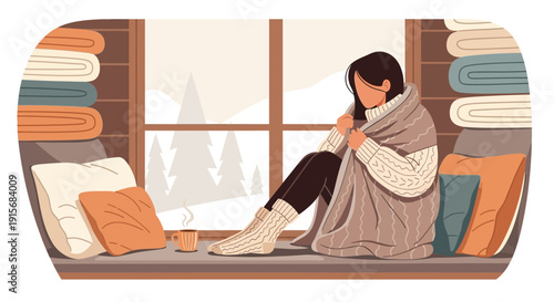 Cozy Winter Window Scene With A Person Wrapped In A Blanket