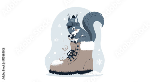 Cozy Squirrel Finds Treat Inside Winter Boot Amidst Snowflakes