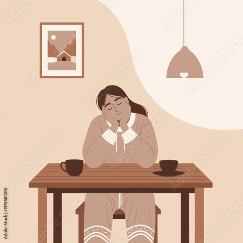 Cozy Woman Daydreaming At Table With Coffee Cups And Artwork