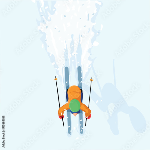 Ski - Top view skier going downhill on snowy slope