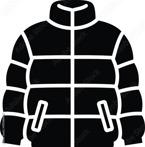 A black and white icon depicting a warm puffer jacket with quilted sections, often worn in cold weather.