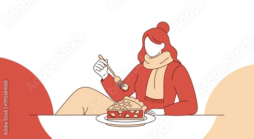 Cozy Woman Enjoys A Delicious Slice Of Fruit Pie On A Chilly Day