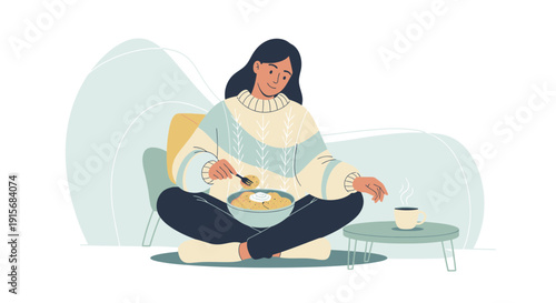 Cozy Woman Enjoys A Nourishing Meal And Warm Beverage