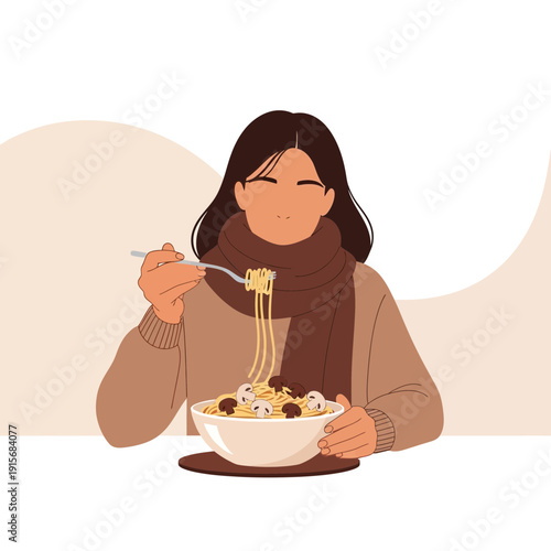 Cozy Woman Enjoys Delicious Pasta Meal Indoors