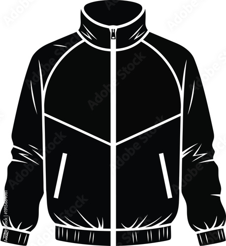 A minimalist black and white vector illustration of a modern windbreaker jacket with a high collar and front zipper.