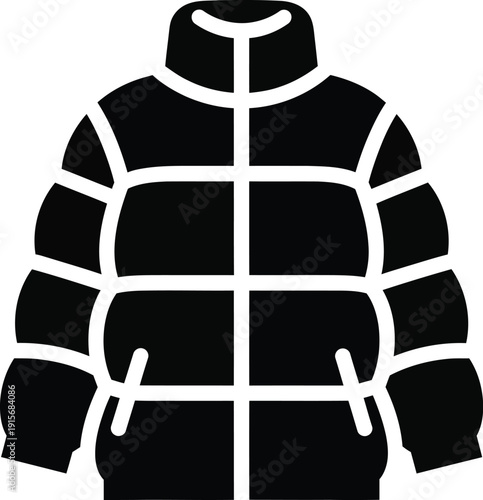 Black and white icon of a puffer jacket, representing cold weather apparel and winter clothing