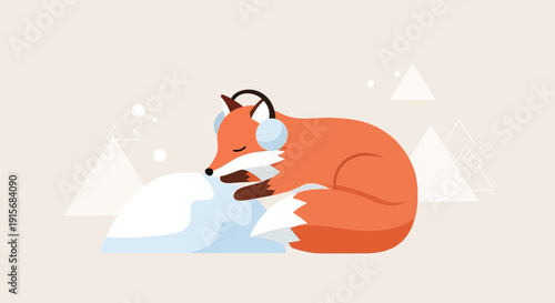 Cozy Fox Napping With Headphones On Snow