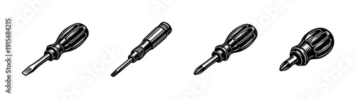 Flat vector icons set: screwdrivers collection, hand tools, hardware symbols