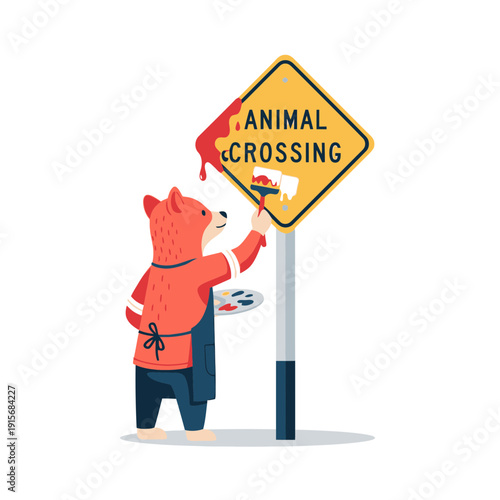 Creative Animal Decorates Roadside Sign with Artistic Flair and Vibrant Colors