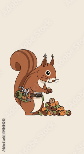 Crafty Squirrel Gathering Autumn Nuts For Winter Storage Cartoon Art