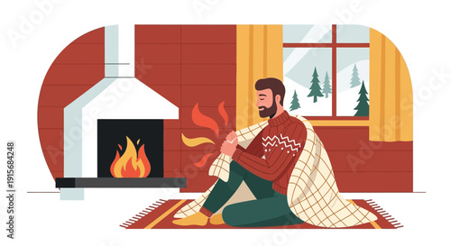 Cozy Winter Evening By The Fireplace With Snow Outside And Wrapped In Blanket