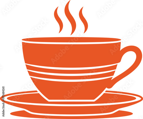 A steaming cup of coffee on a matching saucer with a simple elegant design isolated on transparent background, Vector