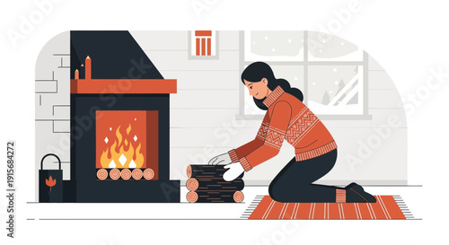 Cozy Winter Evening Gathering Firewood By The Hearth