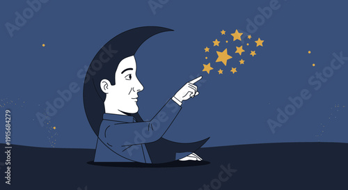 Creative Artwork Depicting A Man Surrounded By Night Sky Reaching For The Stars