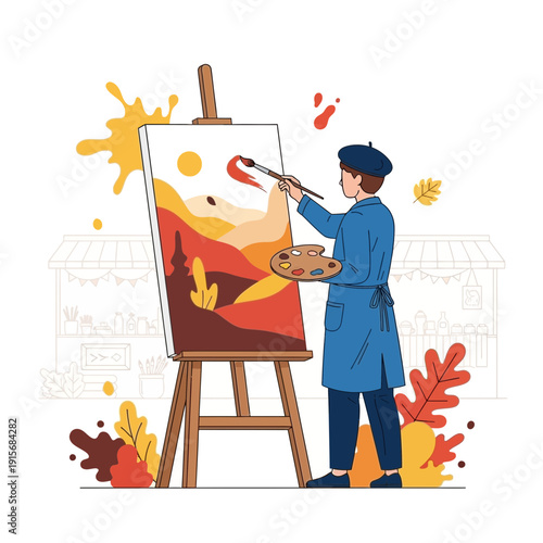 Creative Artist Captures Autumn Landscape On Canvas easel indoors with palette and brush vibrant