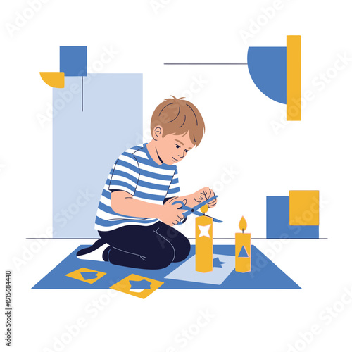 Creative Child Engaged In Crafting Activity With Scissors And Paper Materials